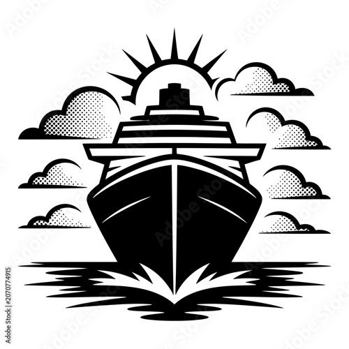 Cruise ship sailing on ocean waves under clouds and sun black vector illustration.