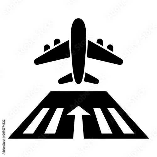Airplane taking off from airport runway black icon isolated on transparent ground.