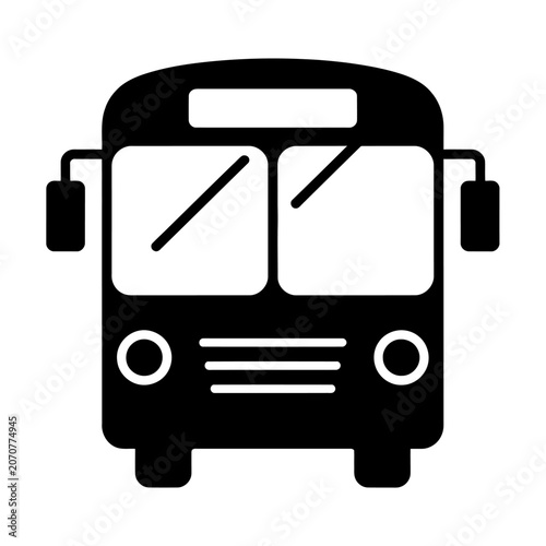 Front view of yellow school bus black icon isolated on a transparent background set.