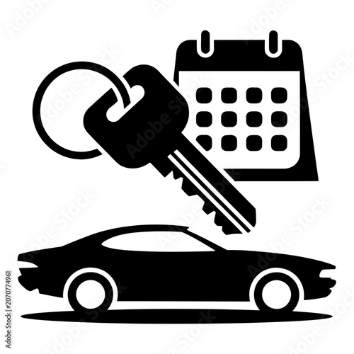 Car rental service concept with vehicle key and calendar black icon illustration set.
