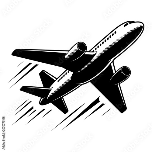 Aircraft takes off black and white line art, vintage style on transparent background.