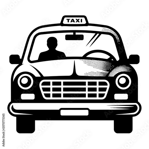 Vintage taxi car vector illustration. old school taxi cab with driver front view.