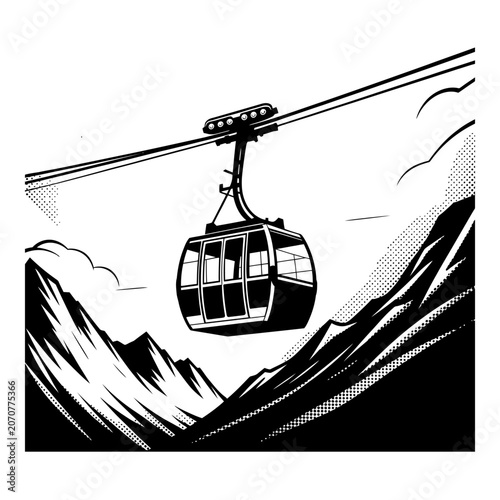 Cable car hanging on steel ropes above mountain peaks in black and white illustration.