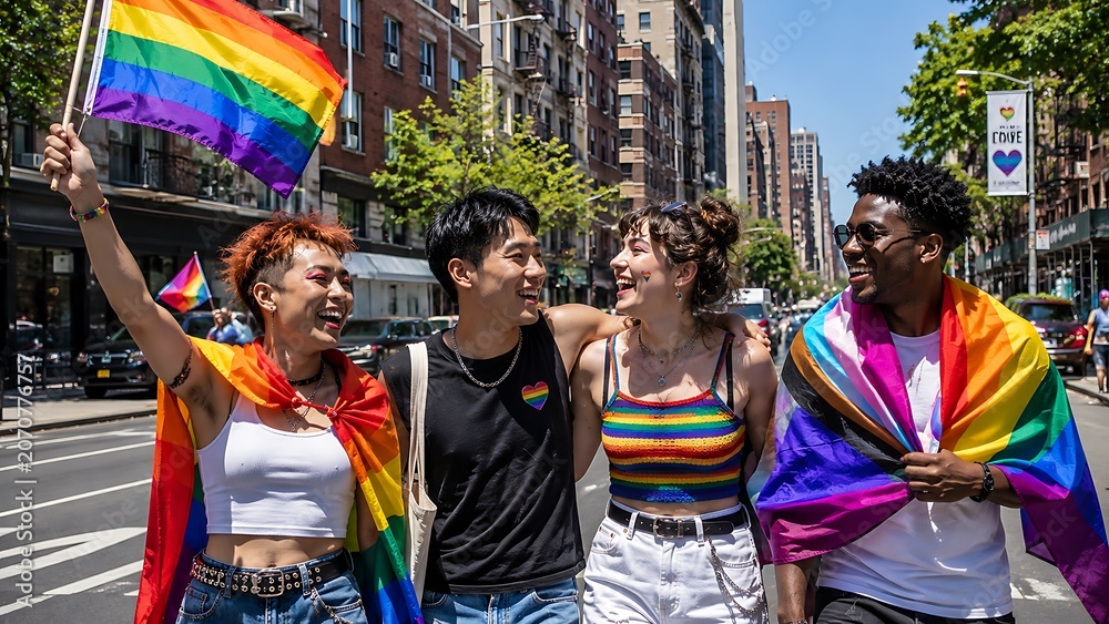 Fototapeta premium Small Group of Friends Celebrating Pride on City Street