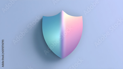3d render of a glossy shield icon with a soft gradient of blue and pink colors, centered on a light blue background