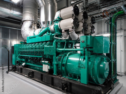 Large green diesel and gas power generator in a modern industrial plant with ducts, exhaust pipes, and control cabling.