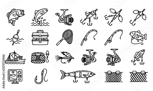 Foto Fishing line icons set with thin outline sport fish trout bass lure and angling