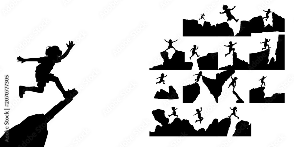 Fototapeta premium Child Jumping from Rock to Rock Silhouette
