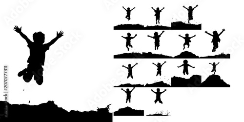 Quadro su tela Child Jumping with Arms Wide on a Hilltop Silhouette