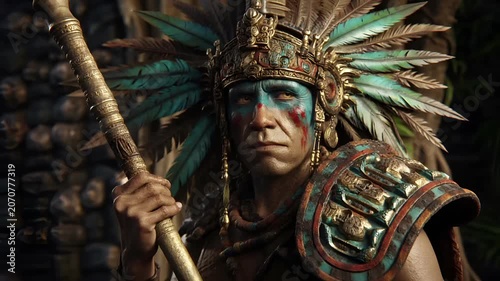 Maya Aztec civilization, Mexico culture. Mysterious, fantasy. A detailed, closeup portrait of a person wearing a richly decorated headdress with intricate designs and feathers.