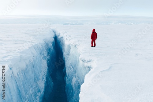 Lone Explorer Standing Beside Deep Glacier Crevasse in Polar Ice Field, Excellent for Climate Change, Arctic Exploration and Environmental Research