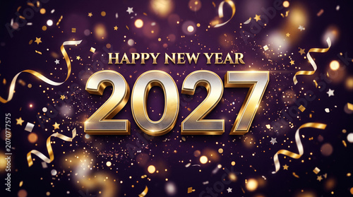 Happy New Year 2027 celebration with gold confetti and stars on purple background.