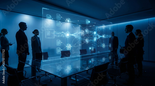 Business leaders convene in a cutting-edge conference room featuring a dynamic holographic display, visualizing complex data networks and strategic insights for digital transformation