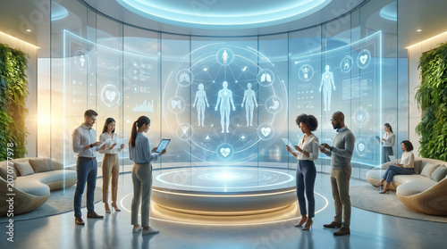 Global professionals collaborate in an advanced medical innovation center, utilizing immersive holographic displays to analyze comprehensive digital health data and drive future healthcare solutions