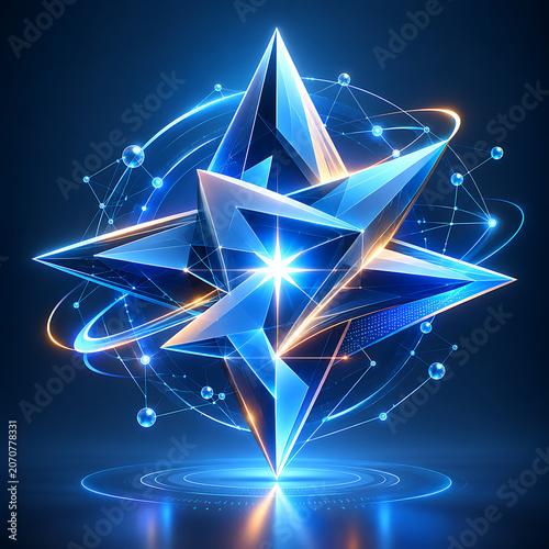 Futuristic Geometric Star Structure with Glowing Network on Dark Blue Gradient Background - Digital Technology, Data Connection, and Energy Concept
