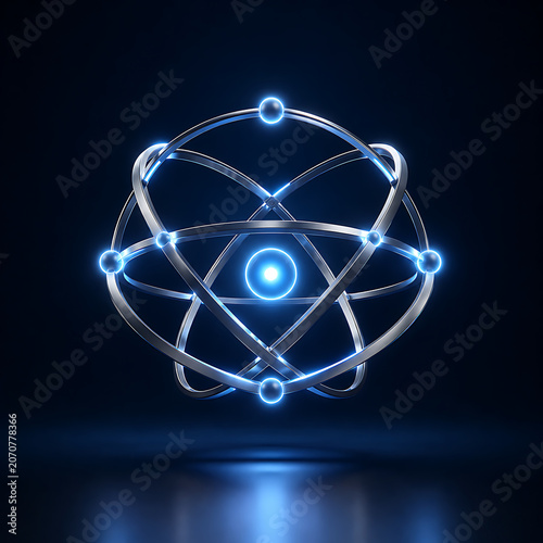 Stylized Atomic Model with Glowing Electrons on Dark Reflective Surface - Futuristic Science and Technology Concept