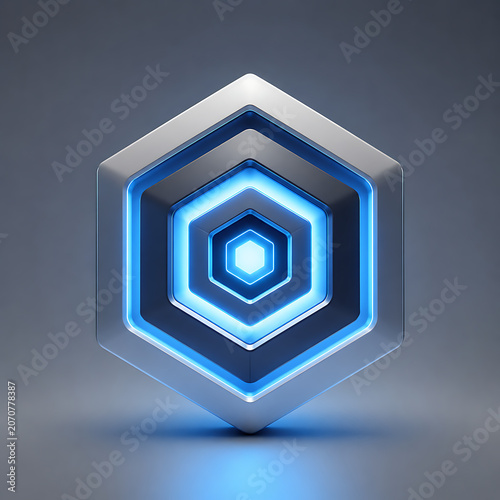 Futuristic Geometric Hexagonal Emblem with Glowing Electric Blue Core in a Minimalist Gray Studio - Abstract Tech Design Representing Data, Innovation, and Interconnected Systems