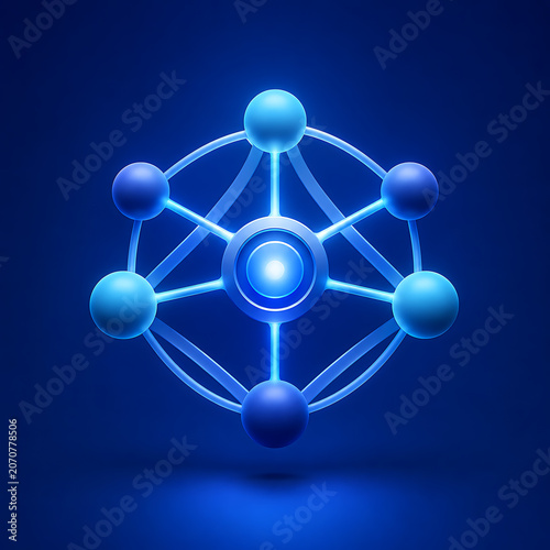 Futuristic Glowing Molecular Structure on Dark Blue Background: Abstract Representation of Connectivity and Data in a Digital Space