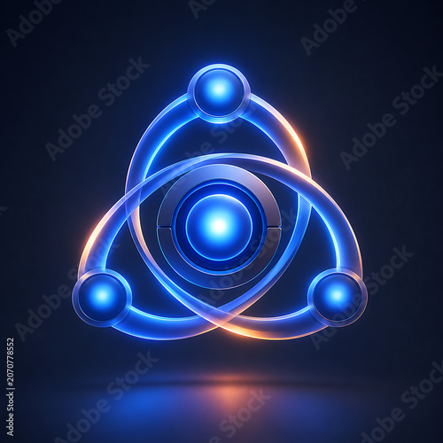 Abstract Glowing Tri-Pointed Geometric Symbol with Vibrant Blue and Orange Energy on Dark Background, Floating with Reflection
