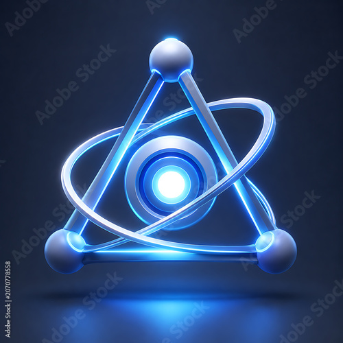 Futuristic Atomic Model with Glowing Blue Energy Rings on Dark Background - Abstract Scientific Concept of Quantum Physics and Technology