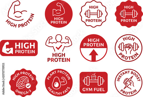 High Protein Food Label and Badge Vector Set with Fitness Nutrition Symbols, Gym Fuel Stamps, and Supplement Product Packaging Logo Designs
