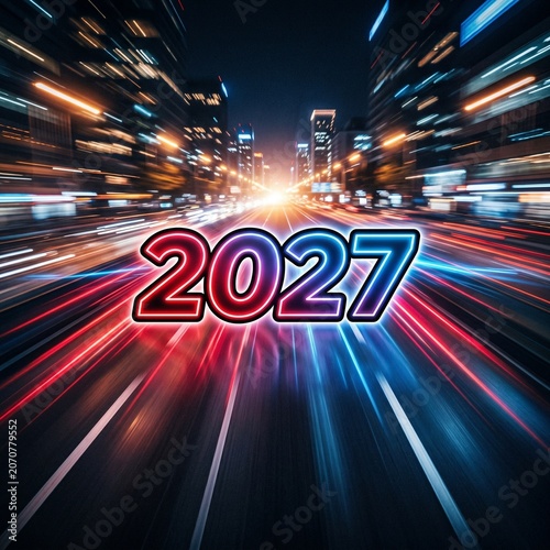 Neonlit city street at night with 2027 text overlay  urban landscape.