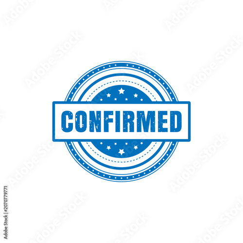 A blue rubber stamp style design with a confirmed text label and decorative star elements suitable for business verification and validation concepts.
