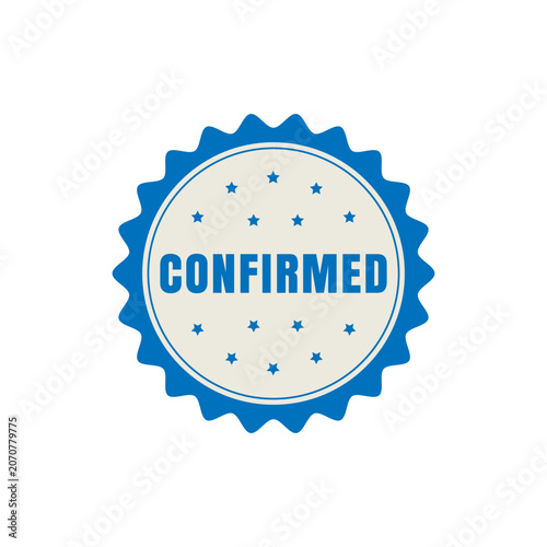 A flat blue and grey badge icon with the word confirmed and small stars, suitable for business, web design, e-commerce, and status verification labels.
