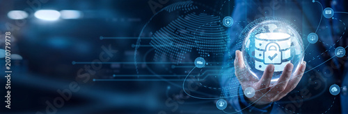 Vászonkép Compliance officer hold circle in hand to regulate the secure Data Privacy network system architecture