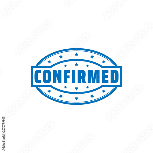 A professional blue stamp icon featuring the word confirmed inside an oval border decorated with small stars, suitable for business and approval signs.
