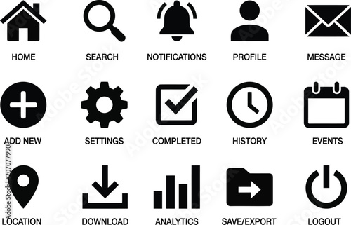 Set of 15 black vector icons for user interface design including home, search, settings, and logout symbols