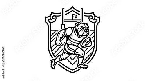 Bulldog mascot rugby player shield logo.