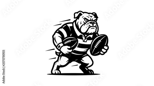 Bulldog mascot running with a rugby ball.