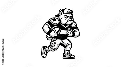 Bulldog mascot running with football.