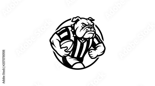 Bulldog rugby player circular emblem.