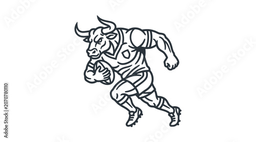 Bull mascot rugby player character running with ball.