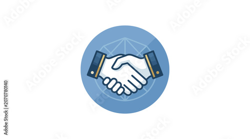 Business handshake icon on blue geometric background.