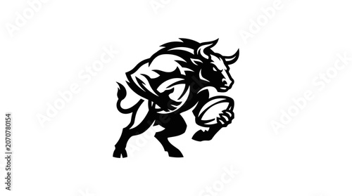 Bull mascot running with a rugby ball.