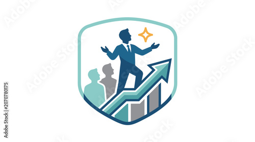 Businessman standing on rising growth arrow in badge.
