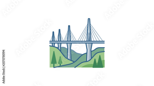 Cable-stayed bridge over a lush green valley and mountains.