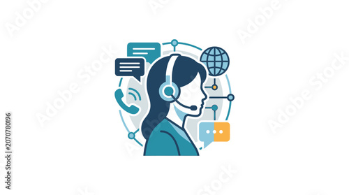 Call center agent with communication network icons.