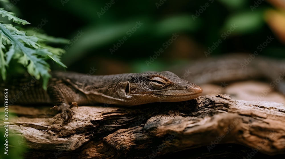 Obraz premium A lazy lizard rests peacefully on a log in a cozy home bathed in warm natural light