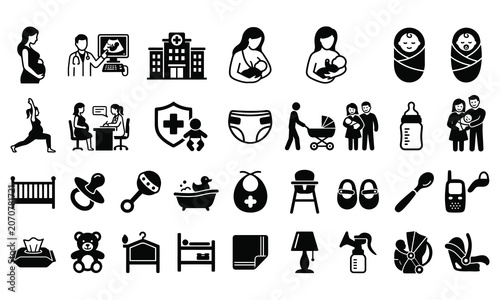 Black and white icons related to pregnancy and parenthood