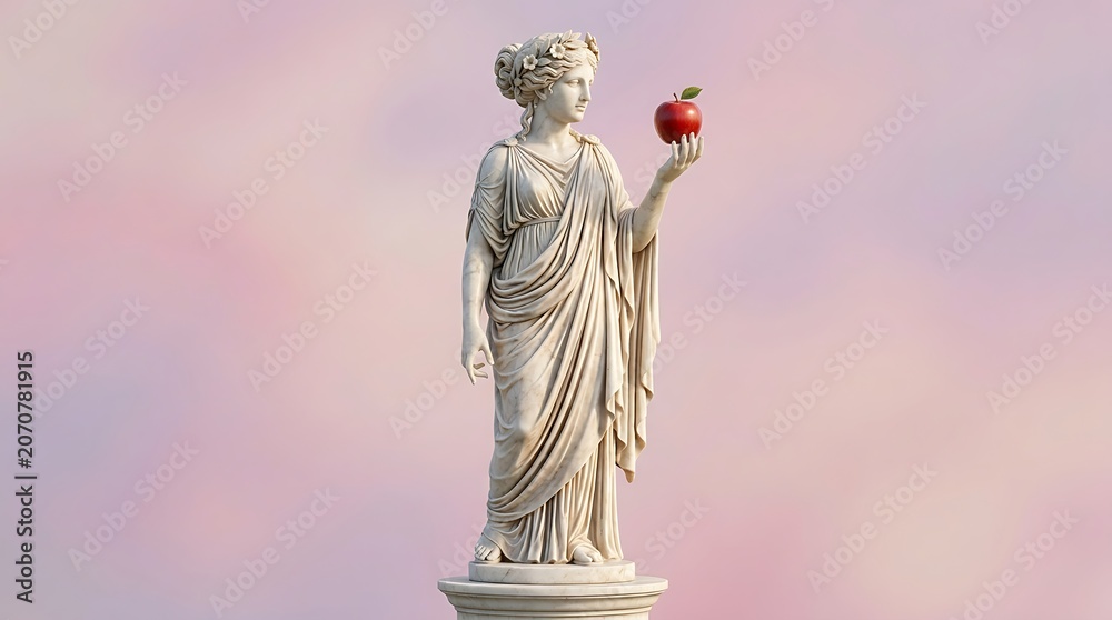 Fototapeta premium Classical Statue Holding Red Apple Against Soft Gradient Background