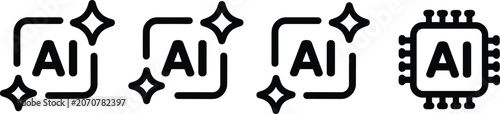 Artificial intelligence line vector icon set with outline AI chip and sparkle tech symbols isolated on white backgroundArtificial intelligence line vector icon set with outline AI chip and sparkle tec