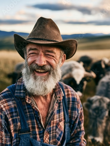 Older Rancher Bonding with Livestock in Picturesque Landscape Under Blue Sky