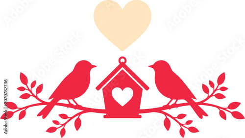Photos Lovebirds on branch with heart shaped birdhouse and floating heart