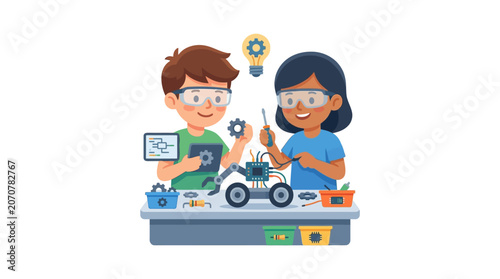 Children working at electronics workbench on robotic project.