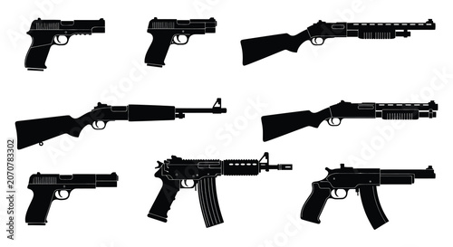 Fotografia Firearm Silhouettes Collection Black Shapes On White Background