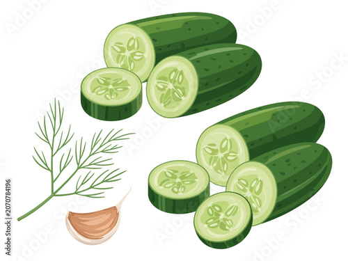 Bild auf Leinwand Fresh cucumbers, dill, and garlic ingredients for pickling or salad